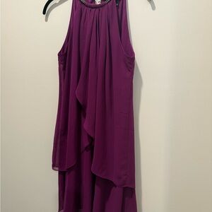 SLNY Purple Asymmetrical Ruffled Halter Dress